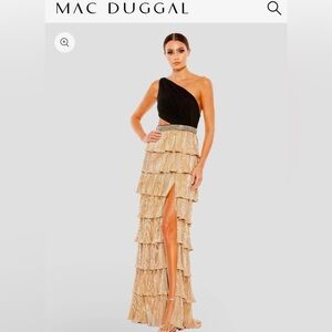 Ieena for Mac Duggal
One-Shoulder Metallic Ruffle-Tiered Gown